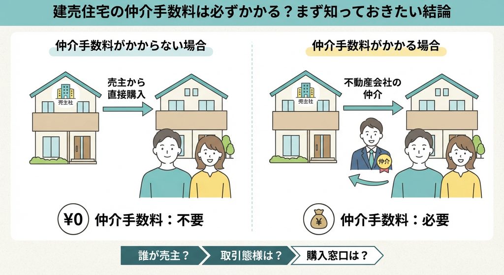 建売住宅の仲介手数料が「かからない場合（売主から直接購入・不要）」と「かかる場合（不動産会社の仲介・必要）」を左右で比較した図解イラスト。