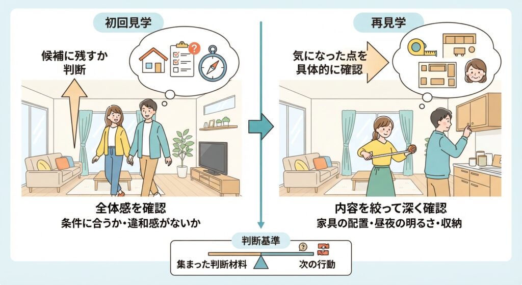 初回見学で全体感や条件を確認し、再見学で気になる点を具体的に確かめる流れを示した図解