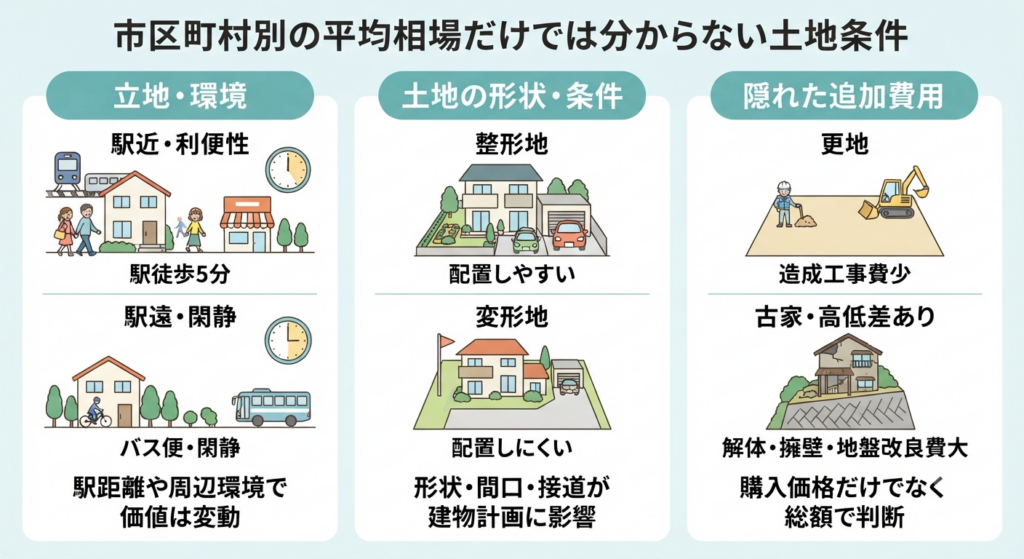 「市区町村別の平均相場だけでは分からない土地条件」の図解。立地・環境（駅近・駅遠）、土地の形状・条件（整形地・変形地）、隠れた追加費用（更地・古家や高低差）の3つの視点から、土地選びで確認すべきポイントを比較・整理したイラスト。