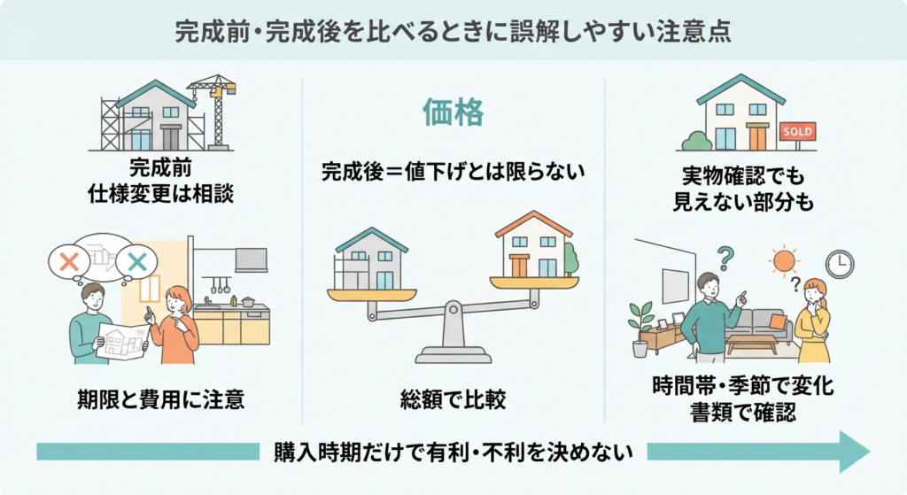 完成前・完成後の建売住宅を比べるときに誤解しやすい3つの注意点（仕様変更・価格・実物確認）をまとめた図解イラスト