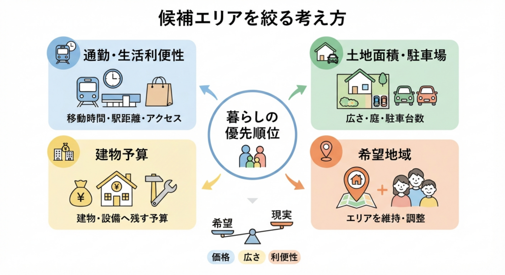 住宅購入の候補エリアを絞り込むための4つの基準（利便性、土地・駐車場、建物予算、希望地域）と、それらのバランスを調整する概念図です。
