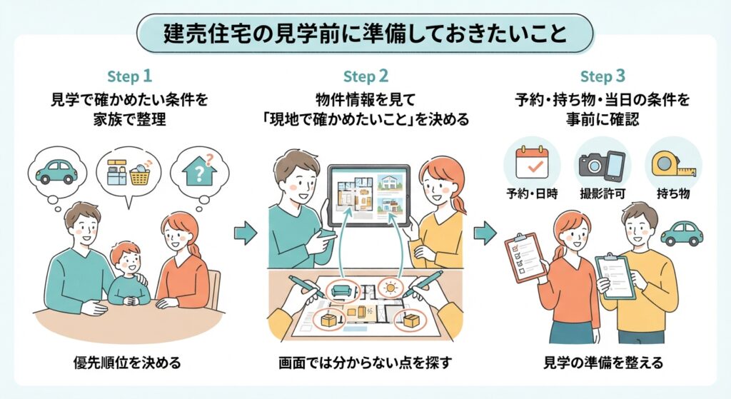 建売住宅の見学前に準備しておきたい3つのステップ(家族での条件整理、物件情報からの確認点洗い出し、予約・持ち物の確認)を示すイラスト