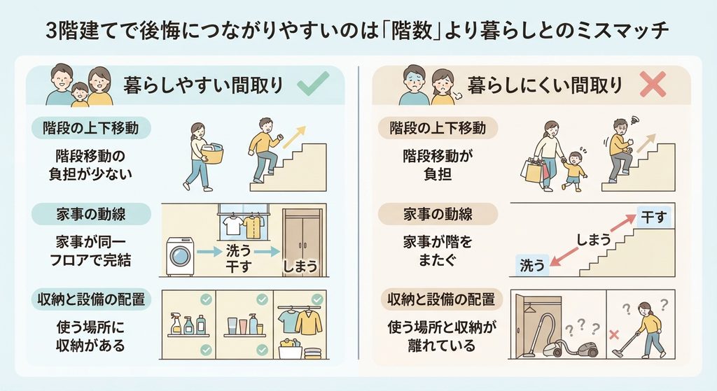 3階建ての暮らしにおける、暮らしやすい間取り(左)と暮らしにくい間取り(右)の比較図。階段の上下移動、家事動線、収納と設備の配置の違いを、イラストとアイコンを用いて左右対称に分かりやすく示しています。