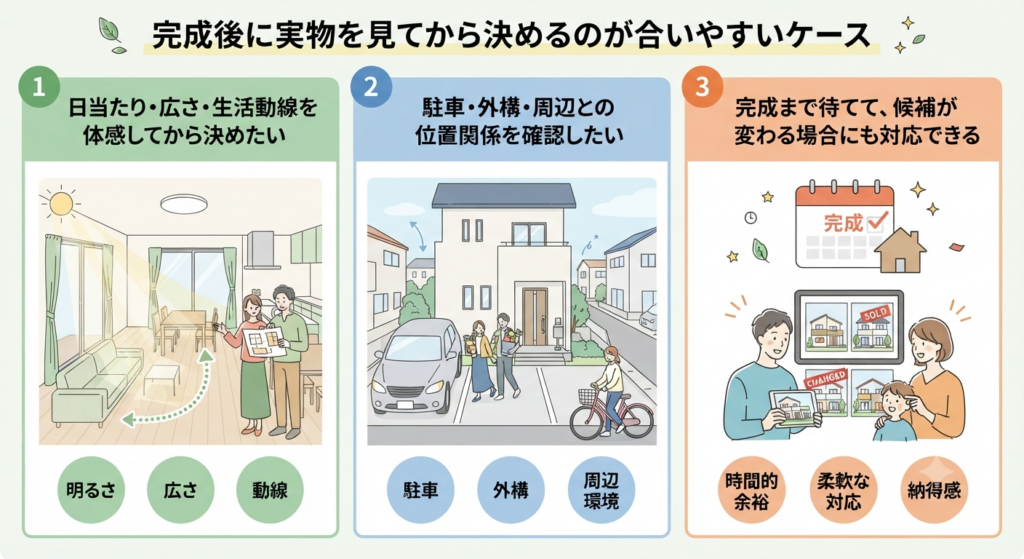 住宅購入で実物確認が重要な3つのケース：1.室内の広さと動線、2.駐車と周辺環境、3.完成後の柔軟な対応。