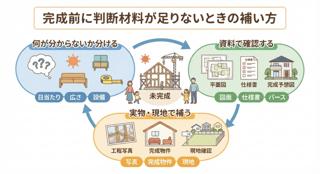 完成前の住宅購入における判断材料の補い方を示す図解。不明点の整理、資料確認、現地確認の3つのステップを循環図で表しています。