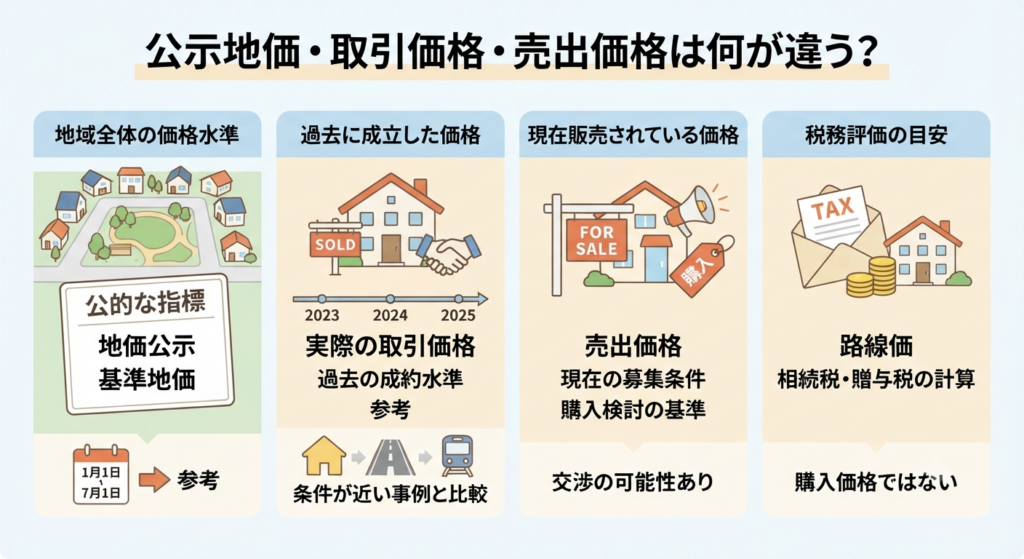 土地価格の４つの指標（地価公示、取引価格、売出価格、路線価）の違いを比較した図解。