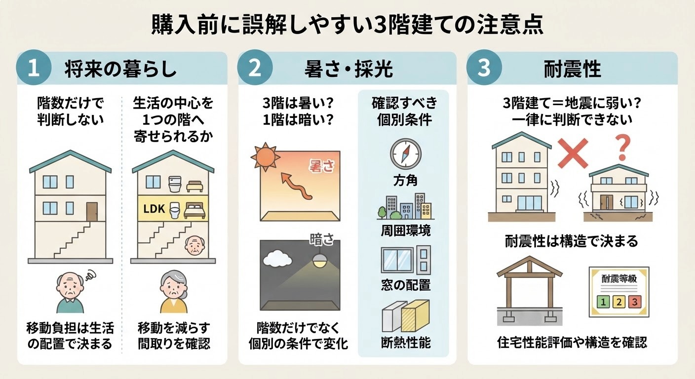購入前に誤解しやすい3階建ての注意点を解説した図解。「将来の暮らし」「暑さ・採光」「耐震性」の3つのテーマについて、階数だけで判断せず個別の条件を確認すべきポイントをイラストで整理しています。