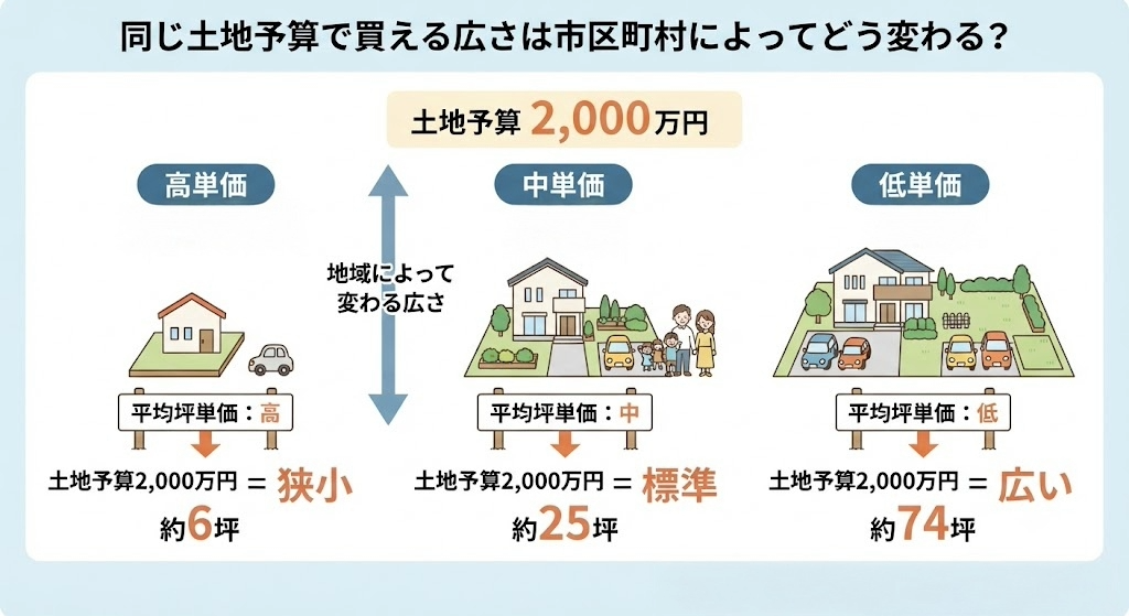 同じ土地予算2,000万円で、市区町村の坪単価の違いにより買える広さが「狭小（約6坪）」から「広い（約74坪）」まで大きく変わることを比較した図解。