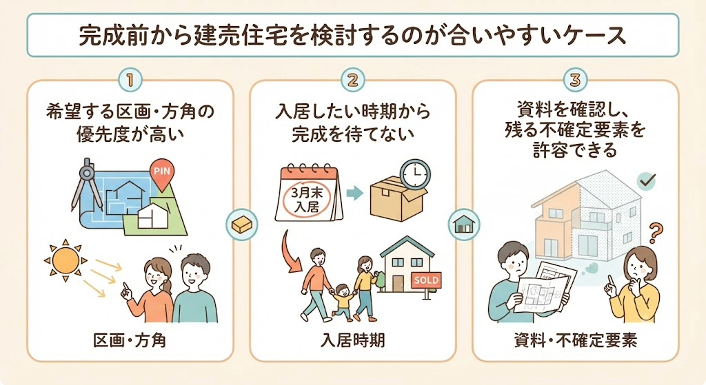 完成前の建売住宅を検討すべき3つのケース（区画・入居時期・不確定要素）を示した図解。