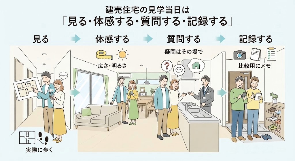 建売住宅の見学当日の4つのステップ(見る、体感する、質問する、記録する)をイラストで示した図解