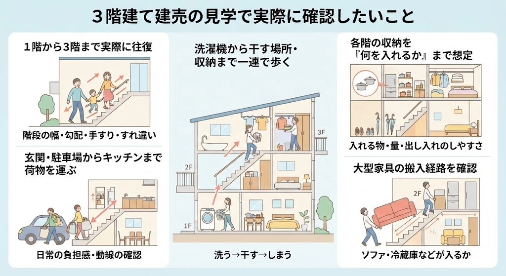3階建て住宅の購入検討時に確認すべき5つのポイント(階段往復、荷物運搬、洗濯動線、収納、家具搬入)をまとめたイラスト図解。