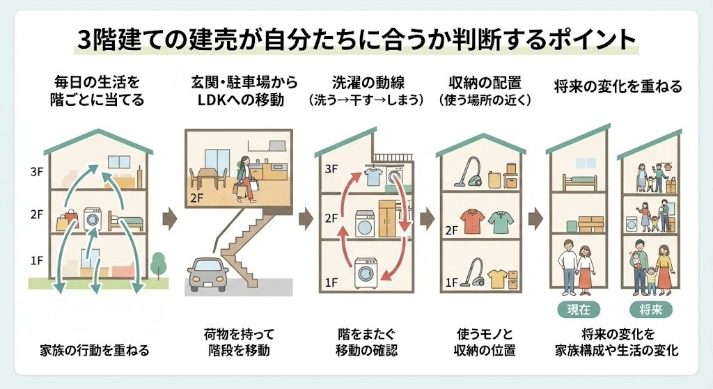 3階建て住宅での生活動線(家事、移動、収納、将来の変化)を比較・検討するためのポイントをまとめたイラスト図解。