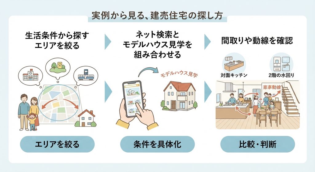 建売住宅探しを3ステップ（エリア選定、情報収集、比較検討）で解説する図解。