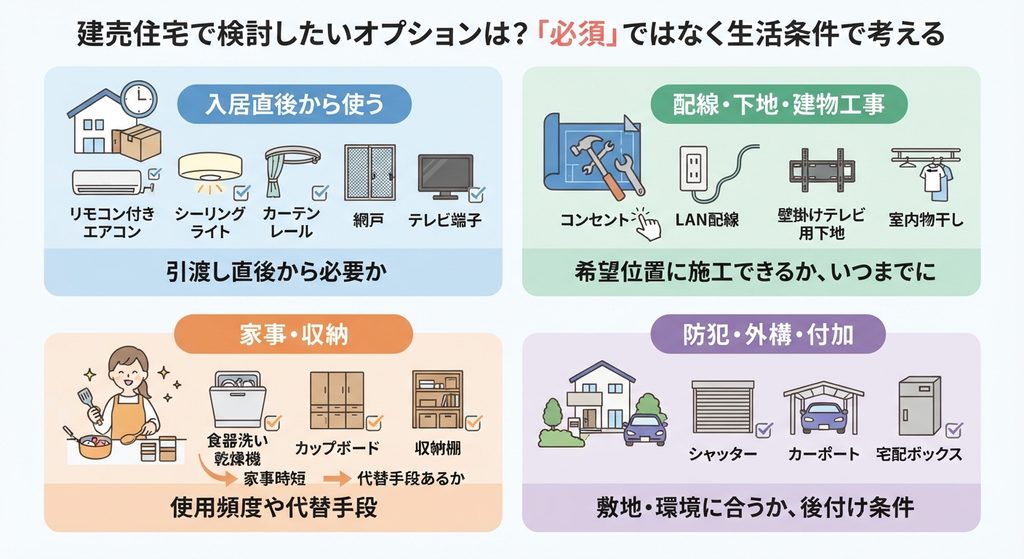 建売住宅のオプション選びにおける4つの視点（入居直後から使う、配線・下地・建物工事、家事・収納、防犯・外構・付加）を分類した図解イラスト。