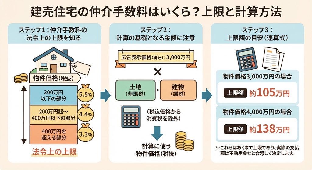 建売住宅の仲介手数料の計算方法と上限額を3つのステップ（法令上の上限、消費税抜きの計算注意点、3,000万・4,000万円の目安金額）で解説した図解イラスト。