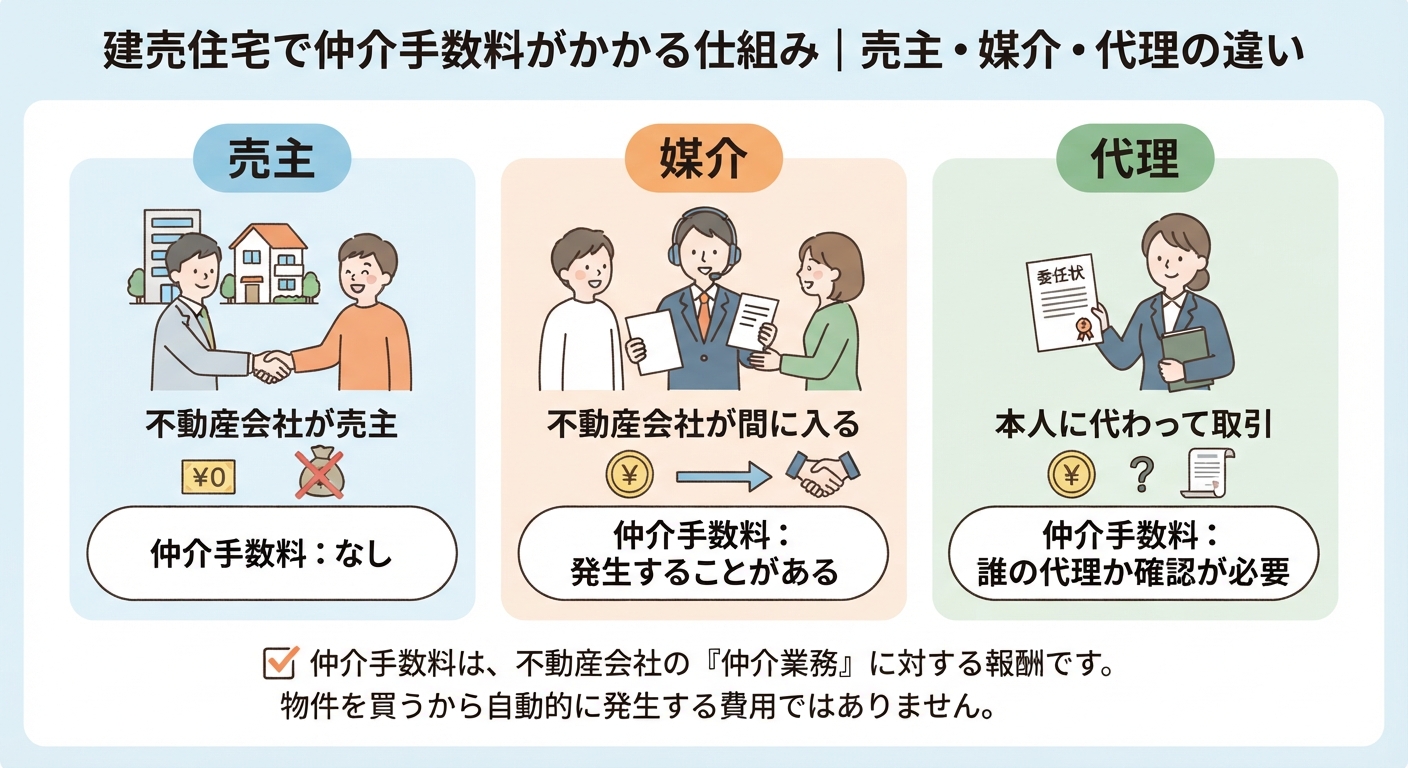 建売住宅の取引態様である「売主」「媒介」「代理」の3つの違いと、それぞれの仲介手数料の有無を比較した図解イラスト。