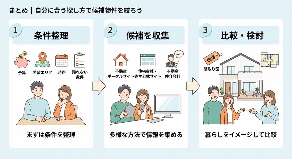 まとめ｜自分に合う探し方で候補物件を絞る手順を示す3ステップの図解（1.条件整理、2.候補を収集、3.比較・検討）