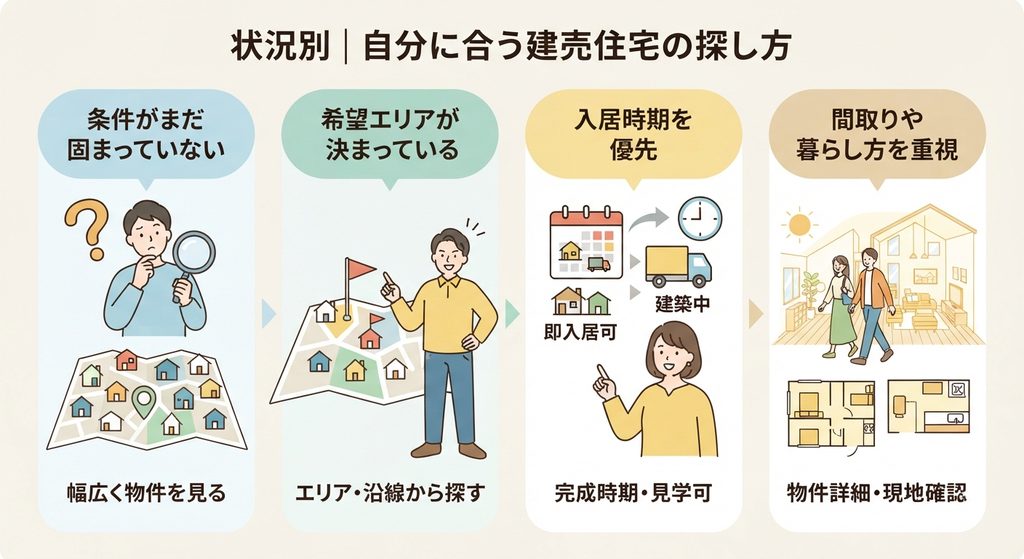 状況別に自分に合う建売住宅の探し方（「条件が固まっていない」「希望エリアが決まっている」「入居時期を優先」「間取りや暮らし方を重視」の4つのパターン）をイラストで示した図解。