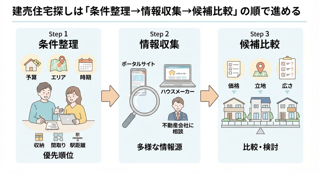 建売住宅探しの3ステップ：1.条件整理（予算、エリア、時期、間取りなど）、2.情報収集（サイト、メーカー、相談）、3.候補比較（価格、立地、広さ）。