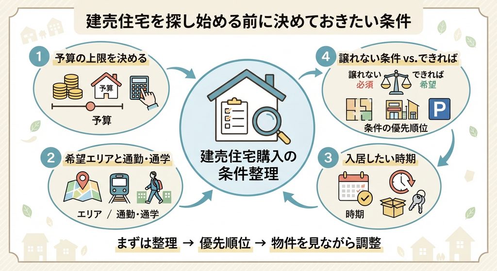 建売住宅を探す前に整理すべき4つの条件（予算、エリア、入居時期、優先順位）をまとめた図解イラスト