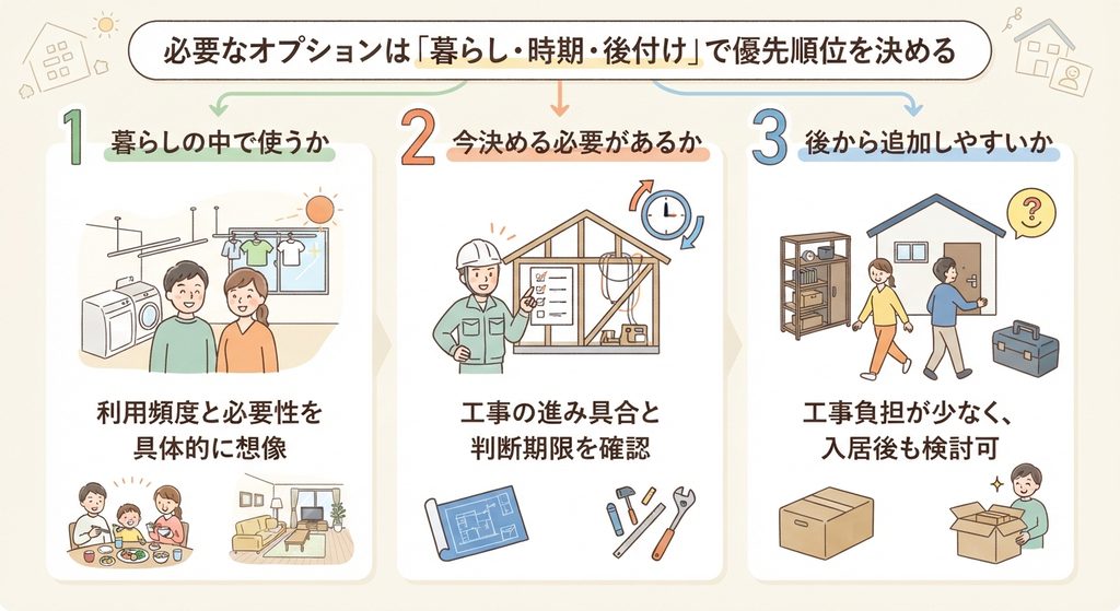 住宅購入時のオプション設備の優先順位を「暮らし」「時期」「後付け」の3つの軸で解説した3ステップの図解イラスト。