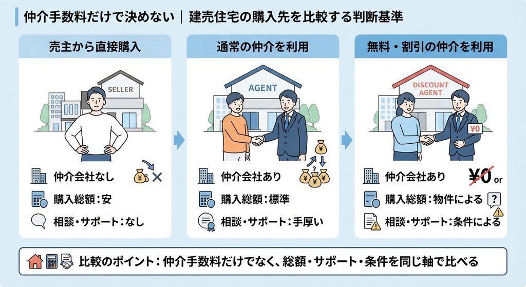 建売住宅の3つの購入先（売主から直接購入・通常の仲介・無料割引の仲介）を同じ軸で比較した図解イラスト。