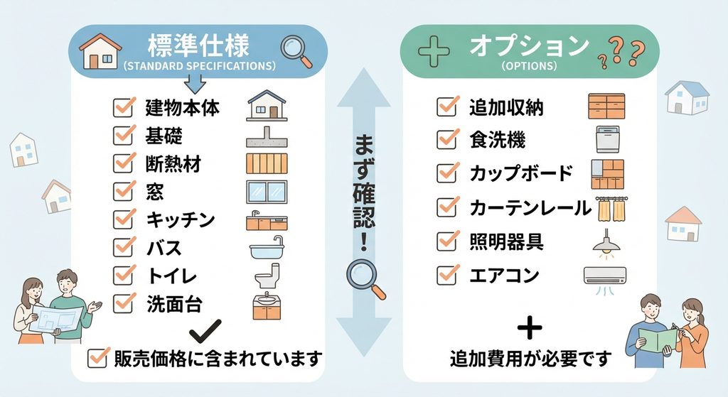 建売住宅の標準仕様（販売価格に含まれる）とオプション（追加費用が必要）の違いを比較した図解イラスト。