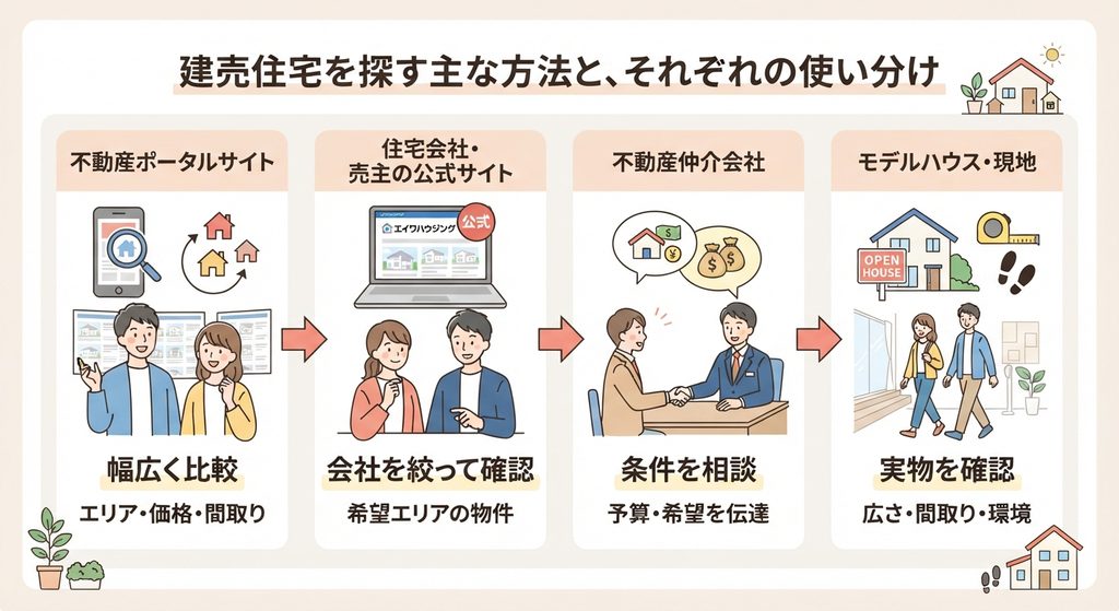 建売住宅を探す4つの方法（ポータルサイト、公式サイト、仲介会社への相談、モデルハウス・現地見学）の流れと使い分けを示す図解