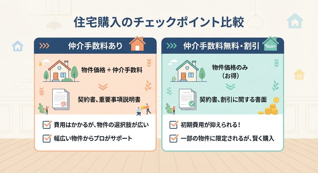 仲介手数料の有無による「費用」と「契約条件」の違いを左右で比較した図解