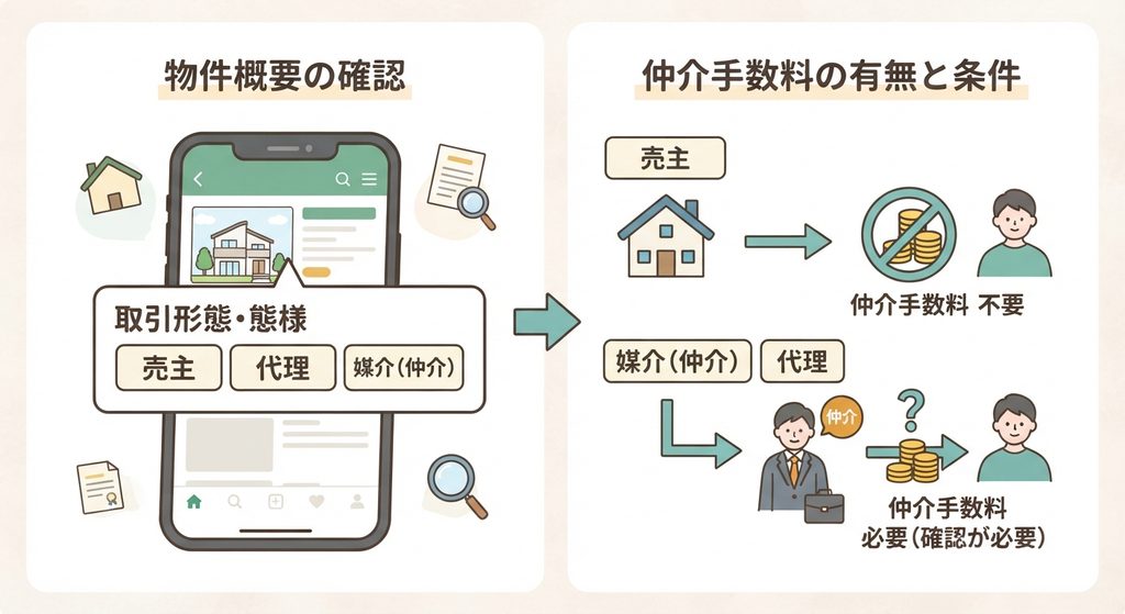 物件概要の「取引形態・態様」の確認から、仲介手数料の有無や条件を整理する流れを示した図解イラスト。