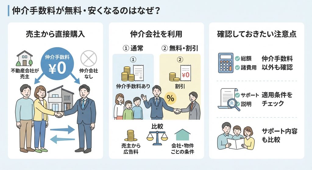 仲介手数料が無料・安くなる理由と注意点を整理した3つの図解（売主からの直接購入、仲介会社の利用、確認すべき注意点）。
