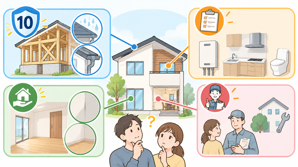 住宅の不具合に応じて、法律上の責任・設備保証・独自保証・アフターサービスを確認する図