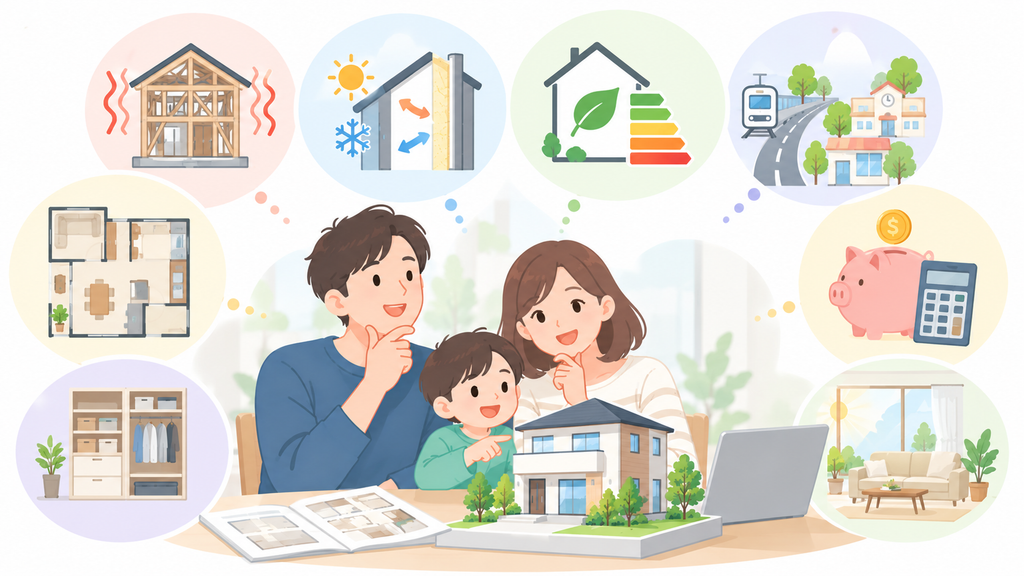 住宅性能や立地・間取り・予算を家族で比較するイメージ