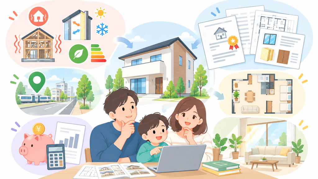 建売住宅の性能や暮らしの条件を比較する家族