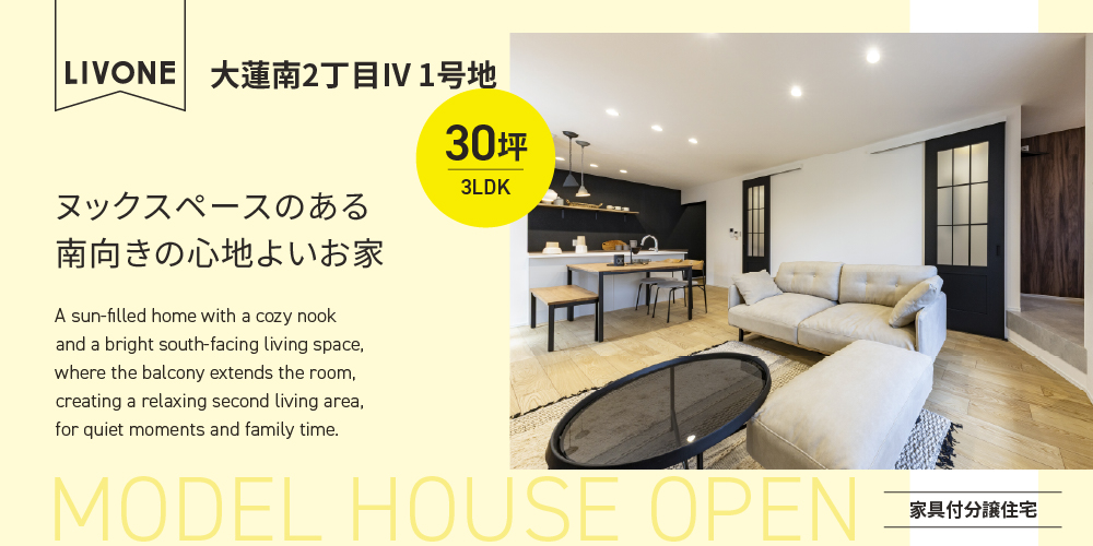 LIVONE大蓮南2丁目Ⅳ1号地、30坪・3LDKの家具付き分譲住宅のヌックスペースがあるLDK