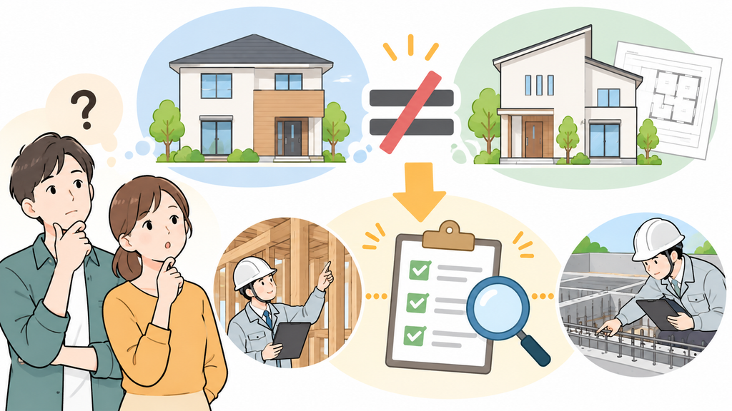 建売住宅と注文住宅の違いだけで施工品質は判断できず、施工基準や現場の検査・管理体制を確認することが重要だと示すイラスト。