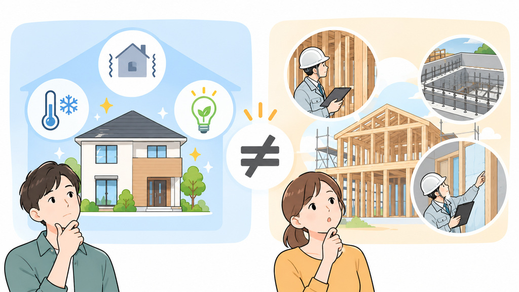 住宅性能を示す耐震・断熱・省エネのアイコンと、施工品質を示す建築現場の検査・管理の様子を比較したイラスト。