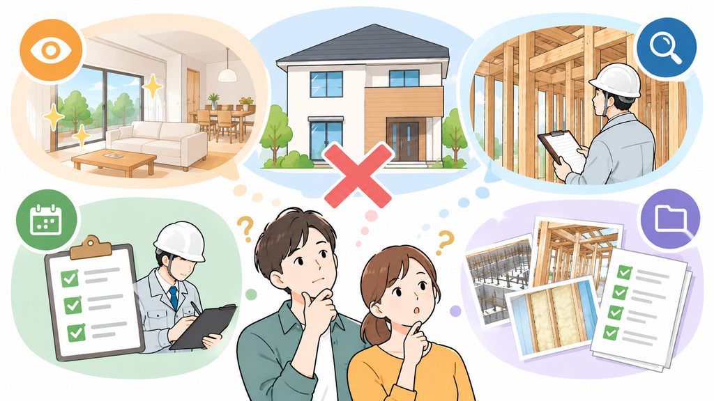 建売住宅の施工品質を、完成後の見た目だけでなく、施工途中の確認・検査内容・施工写真や記録など複数の情報から判断することを示したイラスト。